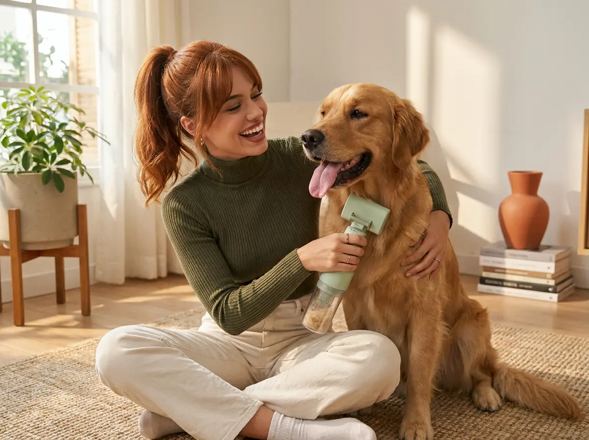 Calm relief after grooming with a cordless pet grooming vacuum in a clean living room