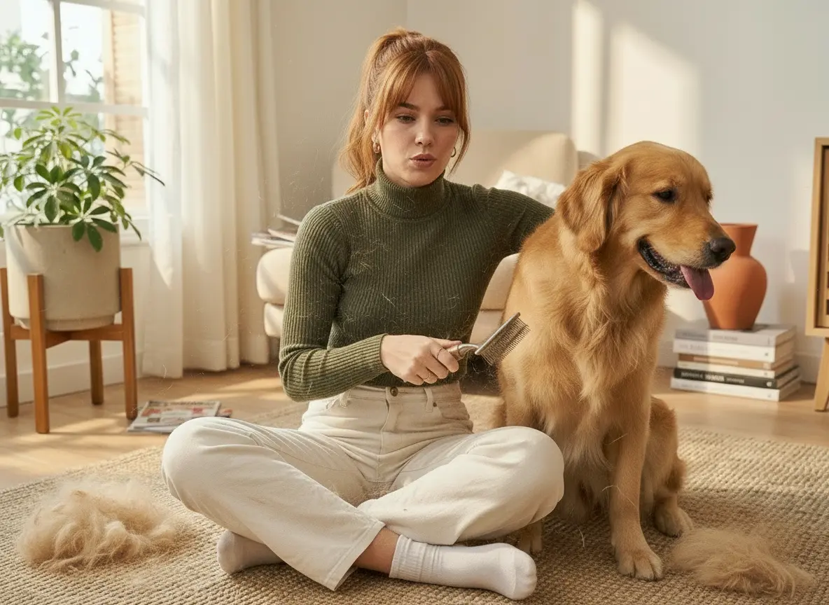 Struggle before grooming with loose dog fur floating around a living room