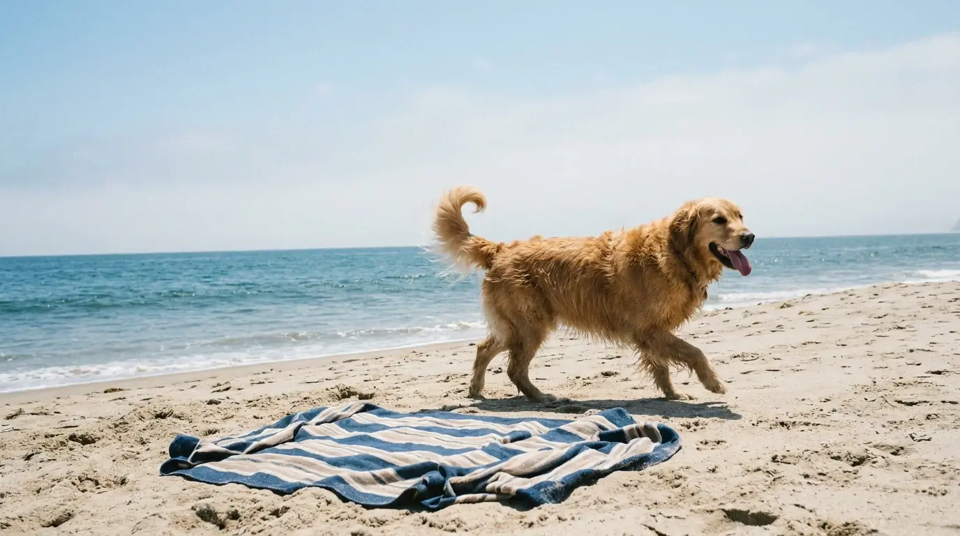 Happy golden retriever in a clean home with PawGlide Air grooming tools