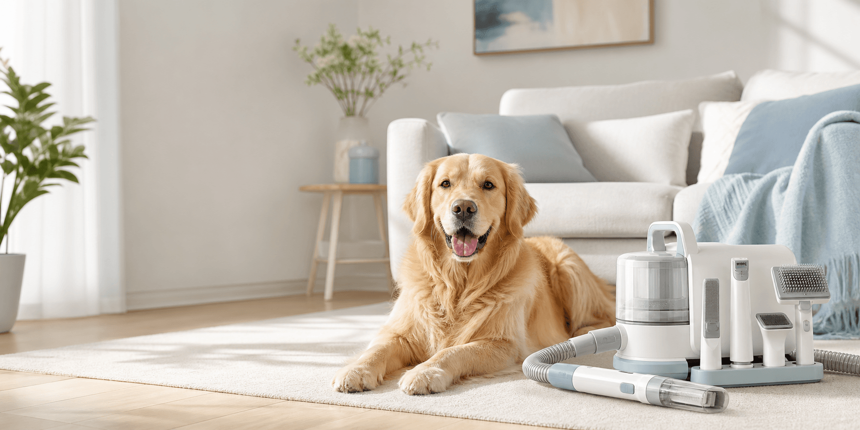 Happy golden retriever in a clean premium home beside PawGlide Air grooming tools