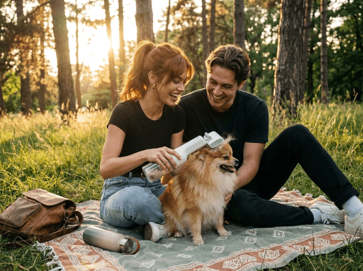 Pet parent calmly grooming a dog with PawGlide Air