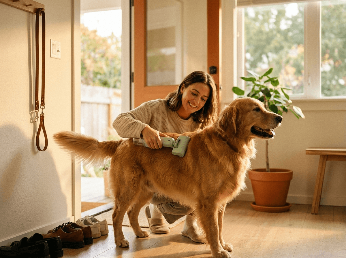 Dog parent using PawGlide Air in a calm home routine