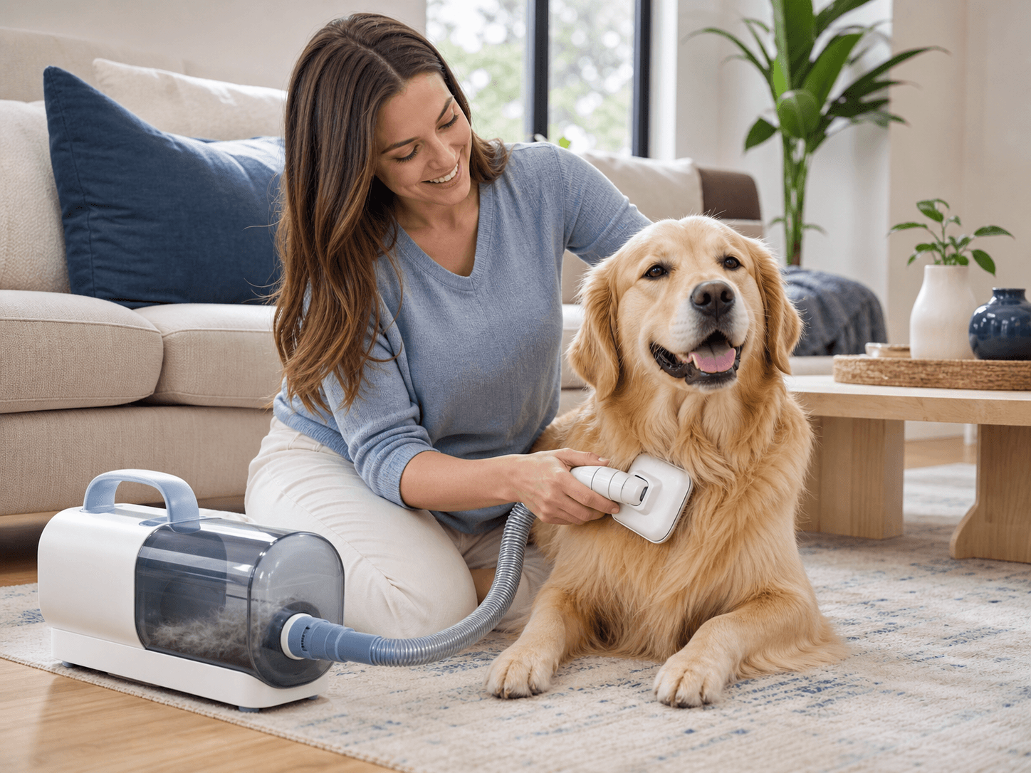PawGlide Air grooming vacuum lifting loose fur from a dog coat