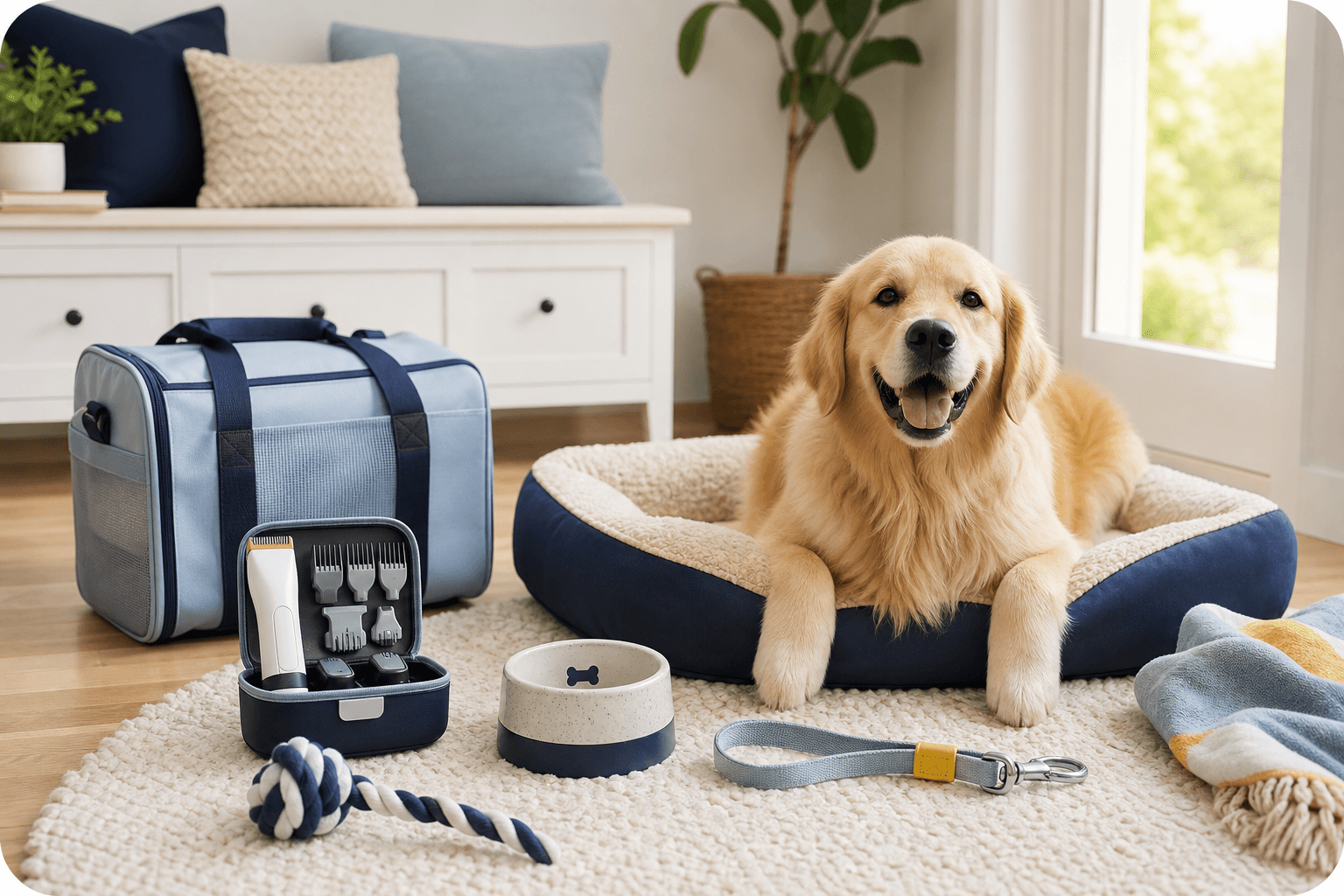 Happy dog playing in a clean premium living room
