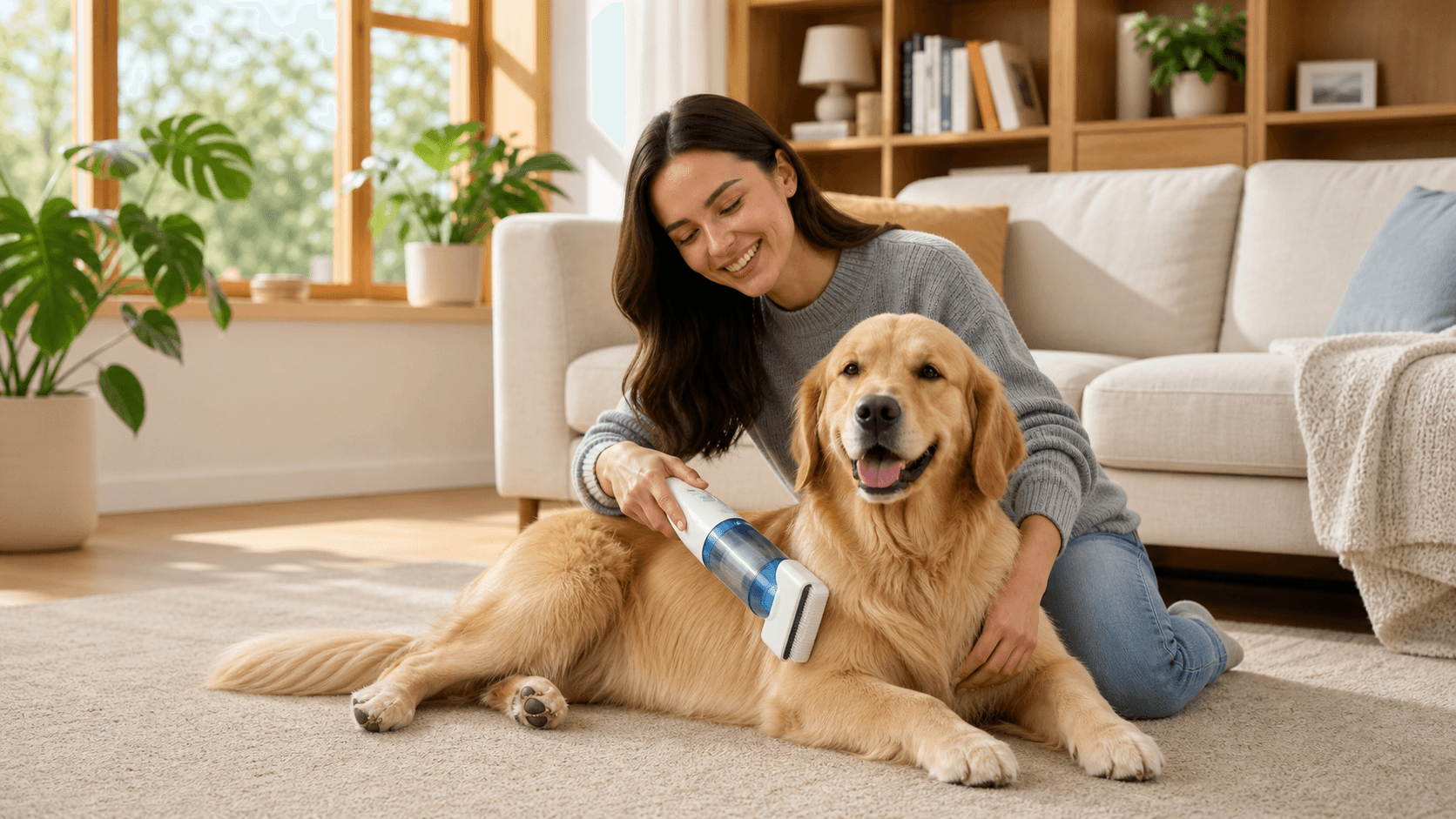 Happy dog being gently groomed at home with PawGlide Air