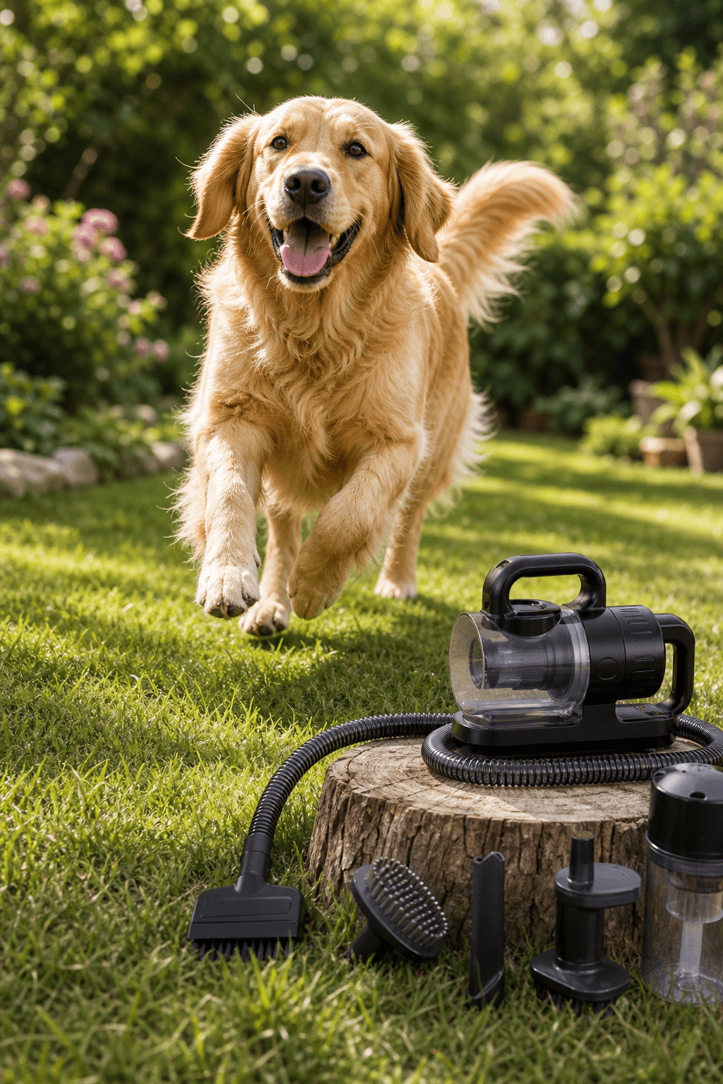Golden retriever beside the cordless PawGlide Air outdoors
