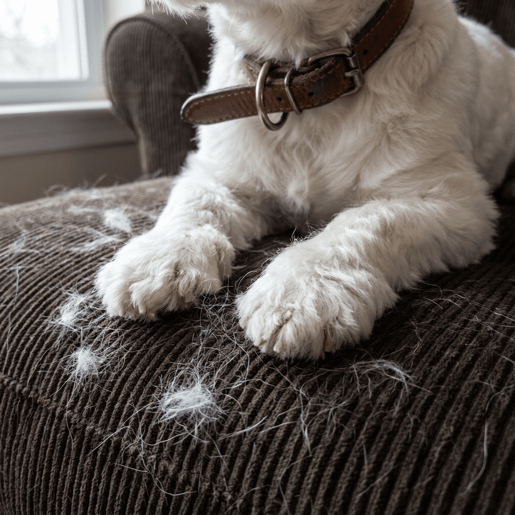 Golden retriever surrounded by loose fur during messy home grooming